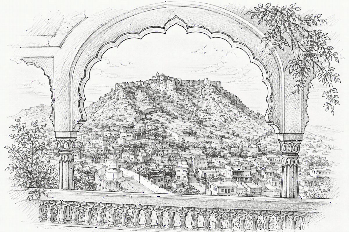 Kuchaman Fort seen through a carved arch