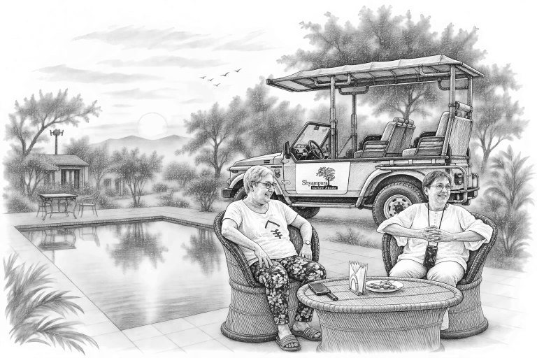 Guests relaxing by the pool at Shyampura